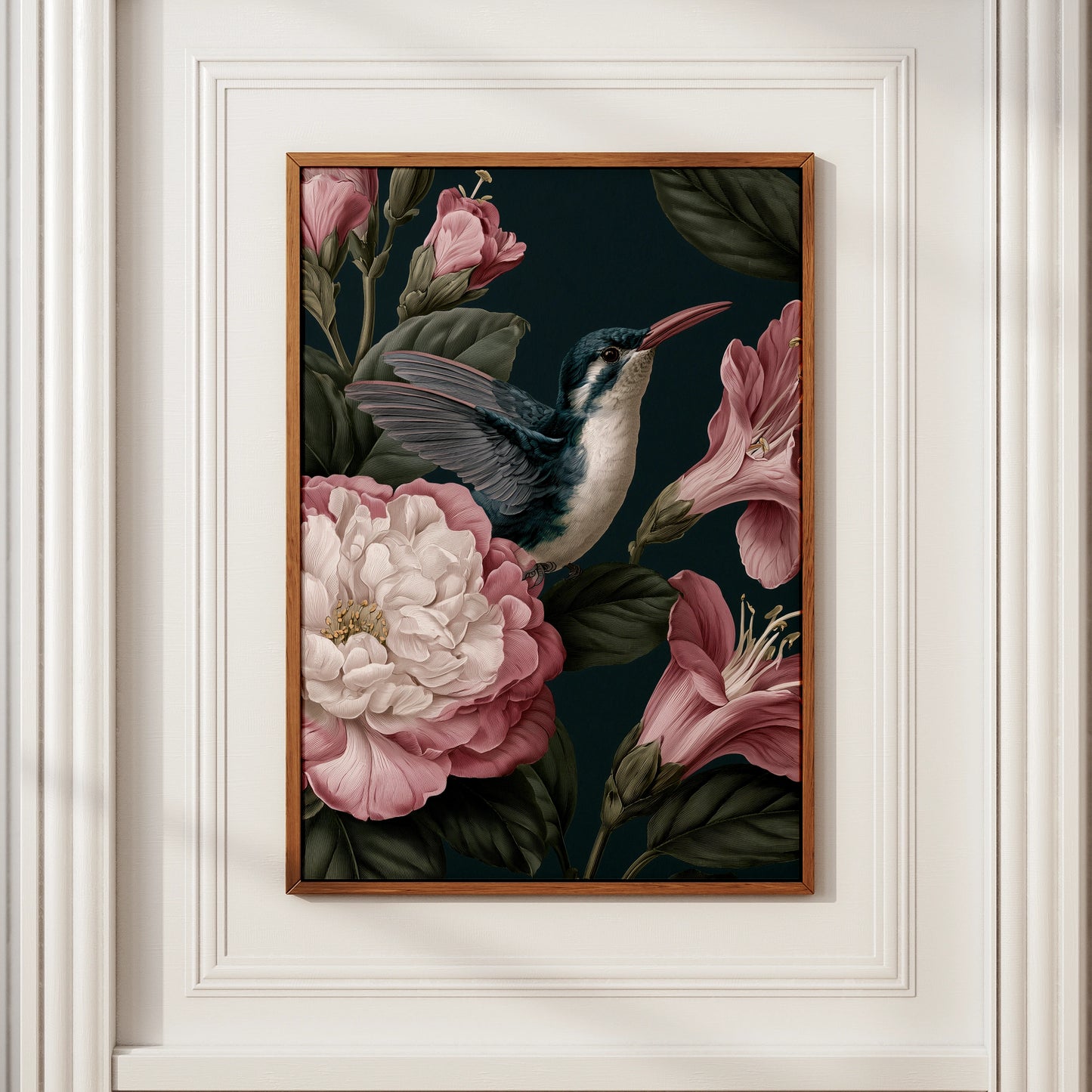 Hummingbird Botanical Print, Dark Floral Wall Art, Vintage Style Poster