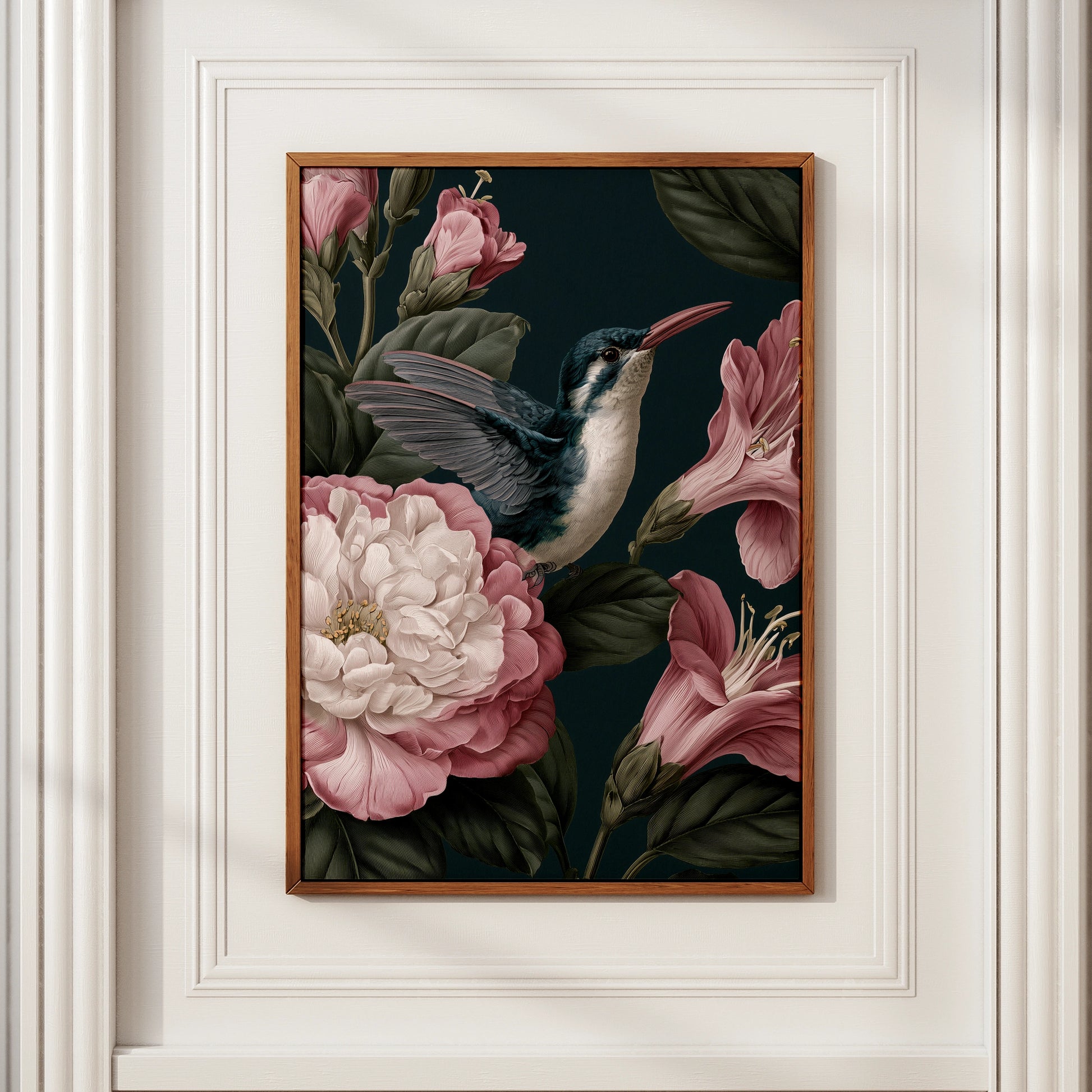 Hummingbird Botanical Print, Dark Floral Wall Art, Vintage Style Poster