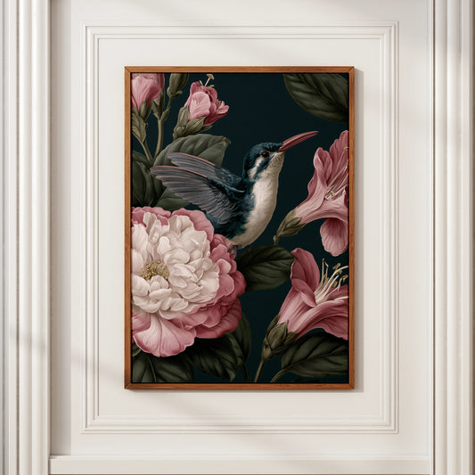 Hummingbird Botanical Print, Dark Floral Wall Art, Vintage Style Poster