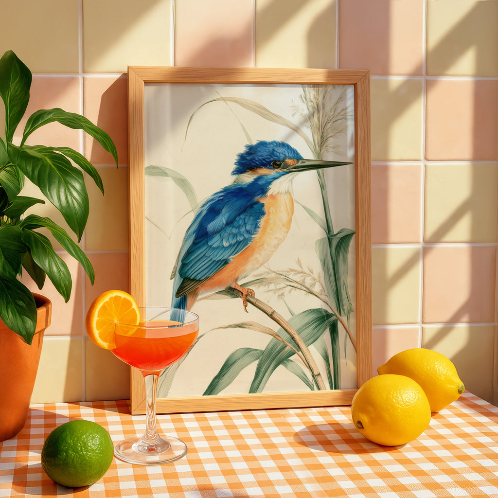 Kingfisher Bird Print, Botanical Illustration Poster, Vintage Nature Wall Art