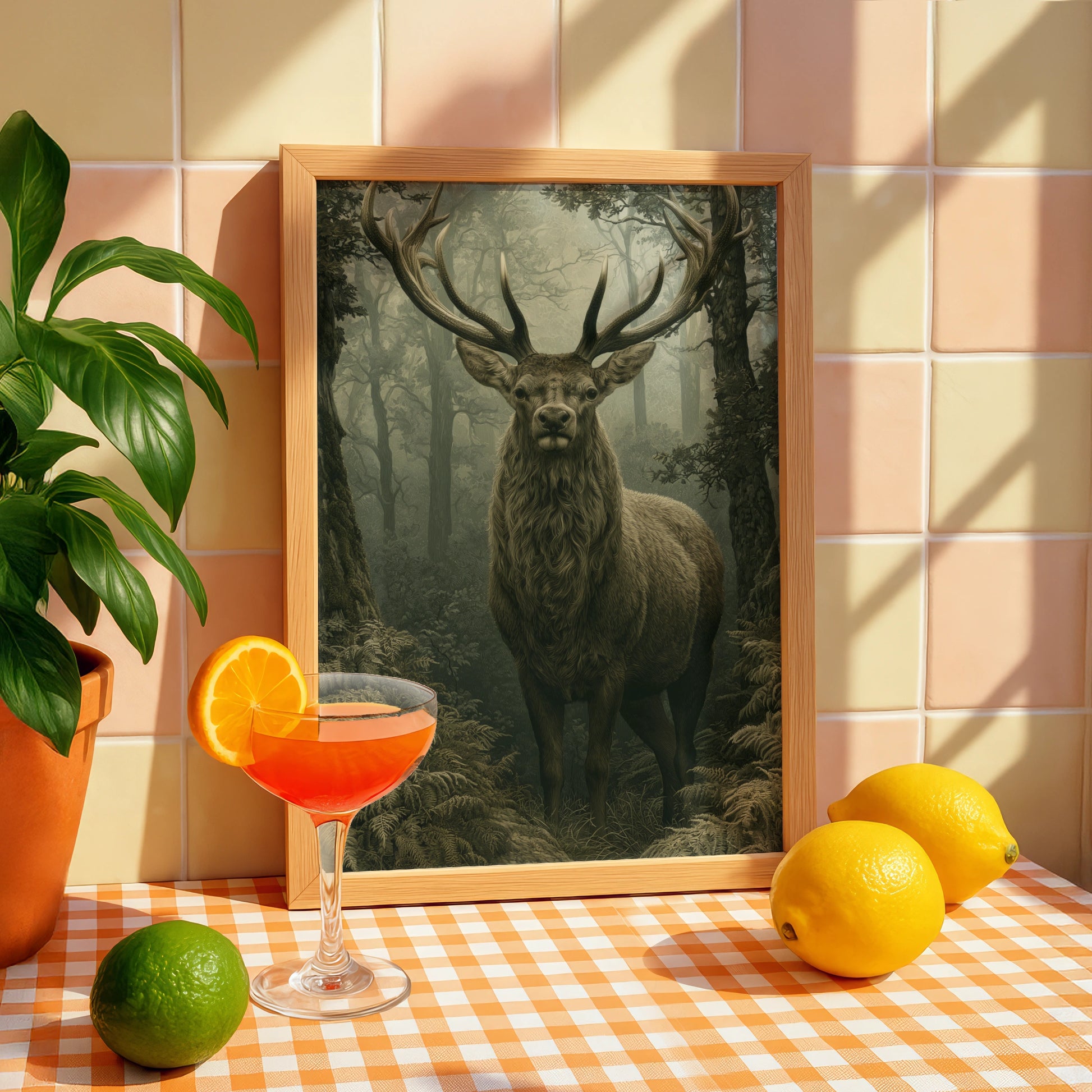 Stag in Misty Forest Print, Woodland Deer Poster, Dark Green Nature Wall Art