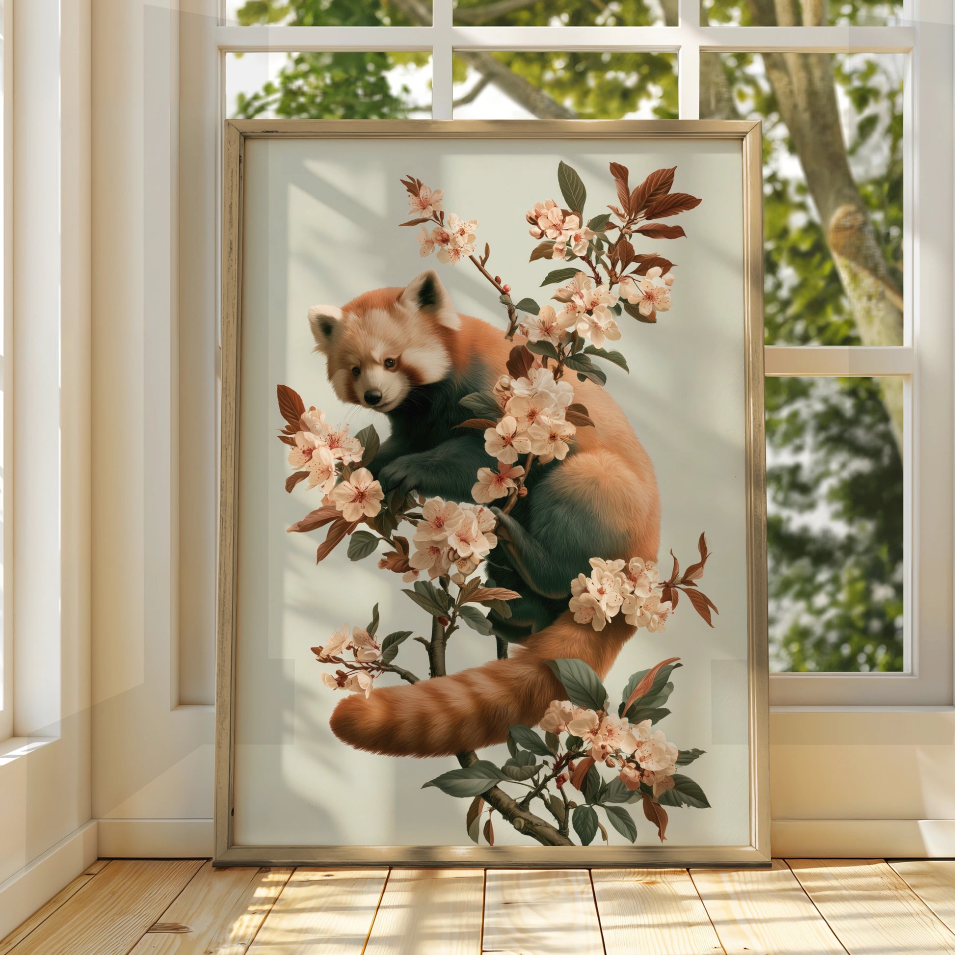 Red Panda Cherry Blossom Poster, Botanical Animal Wall Art, Nature Print