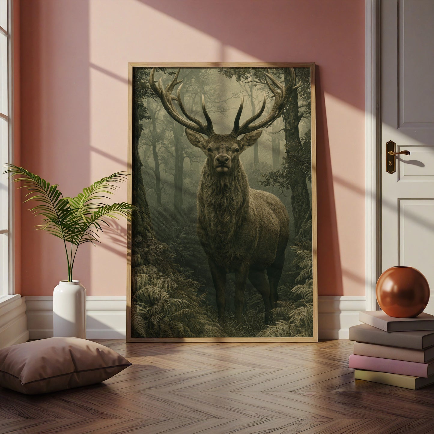 Stag in Misty Forest Print, Woodland Deer Poster, Dark Green Nature Wall Art