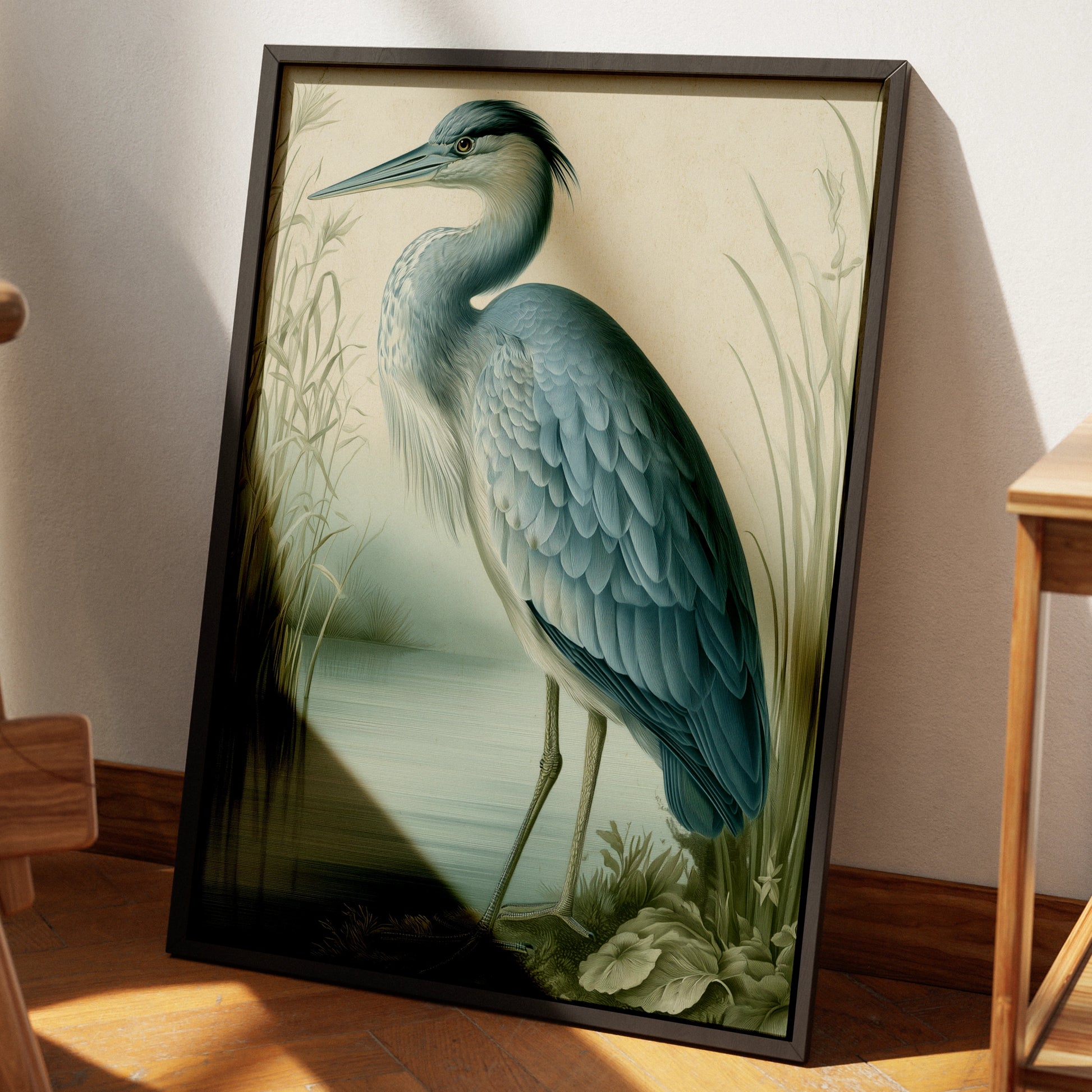Heron Print, Botanical Illustration Poster, Blue Grey Bird Wall Art