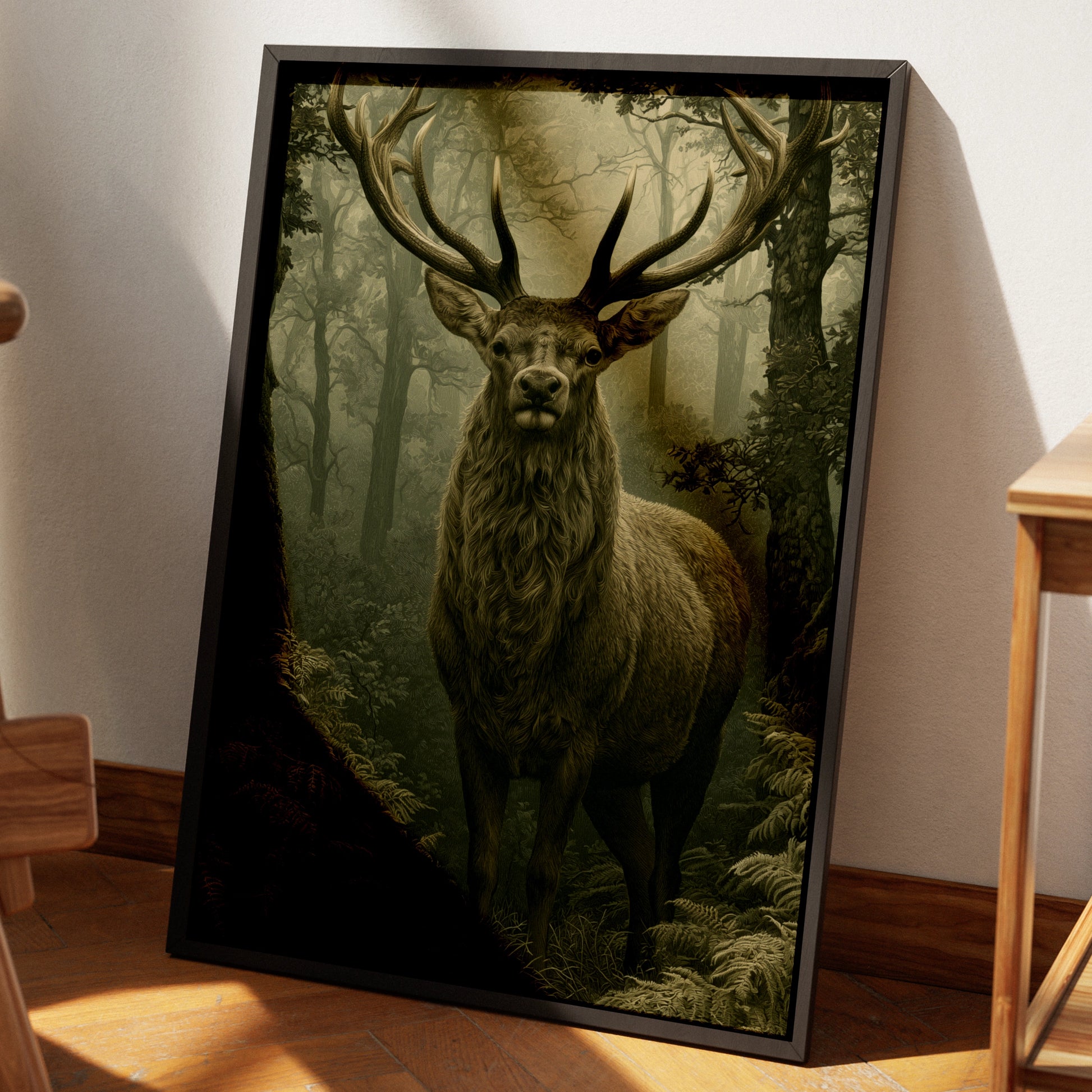 Stag in Misty Forest Print, Woodland Deer Poster, Dark Green Nature Wall Art