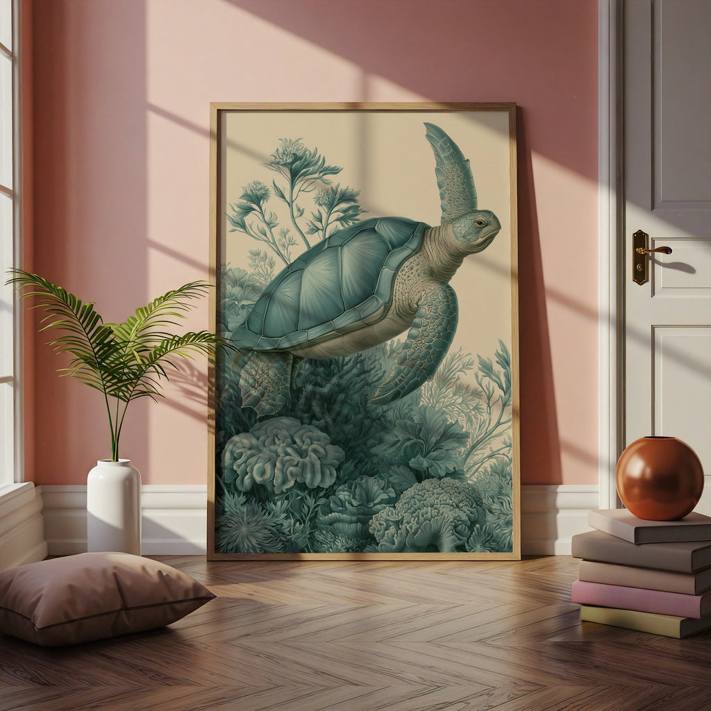 Sea Turtle Print, Botanical Ocean Wall Art, Vintage Illustration Poster, Teal
