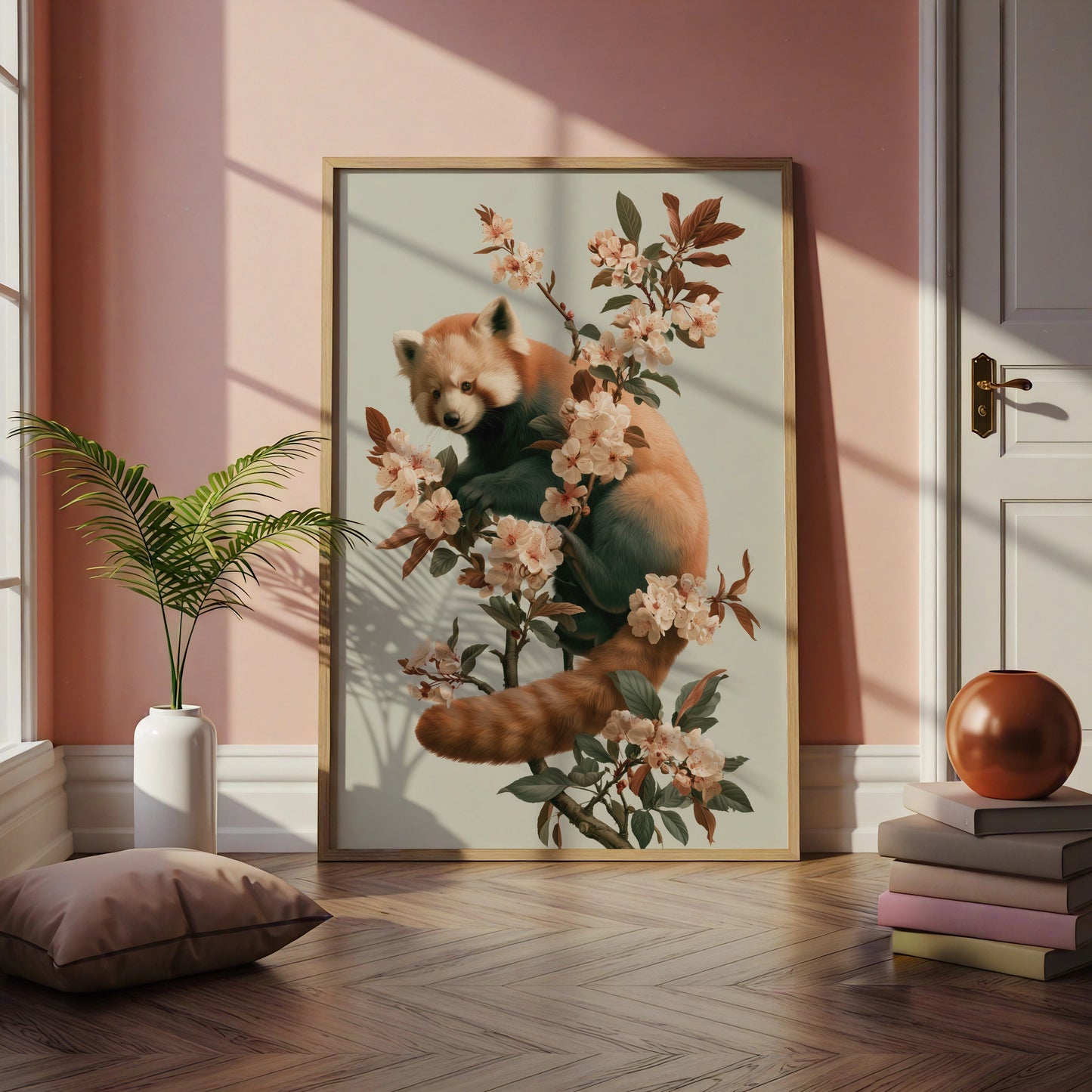 Red Panda Cherry Blossom Poster, Botanical Animal Wall Art, Nature Print
