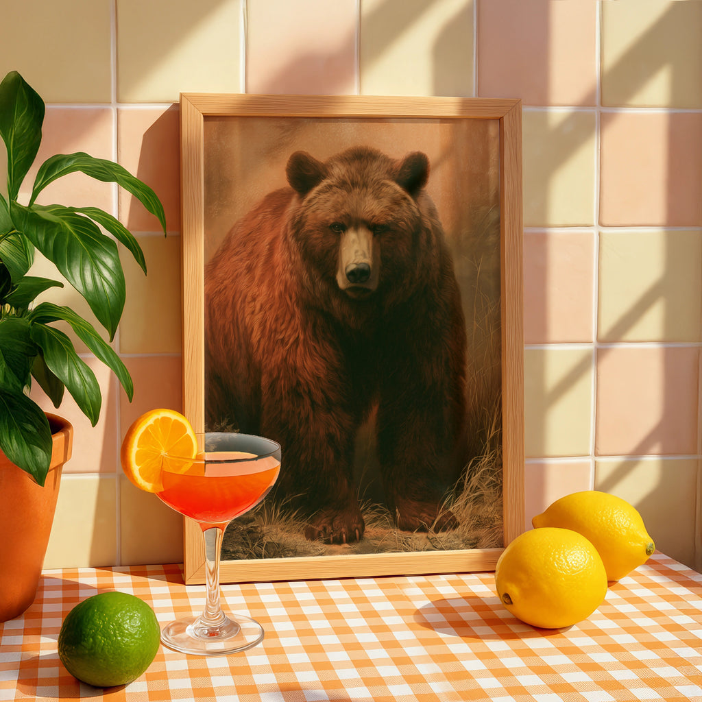 Brown Bear Wall Art Print, Grizzly Bear Poster, Vintage Wildlife Painting Style