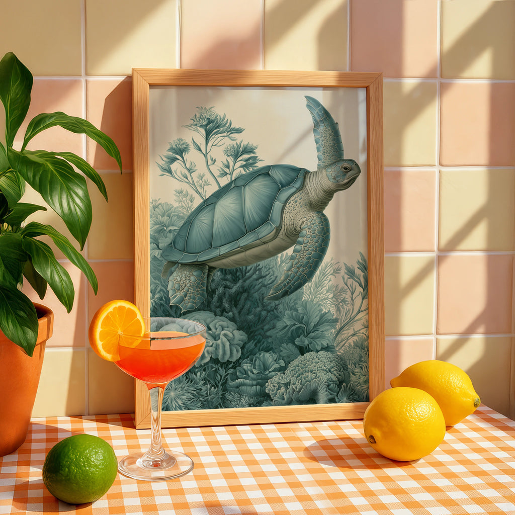 Sea Turtle Print, Botanical Ocean Wall Art, Vintage Illustration Poster, Teal