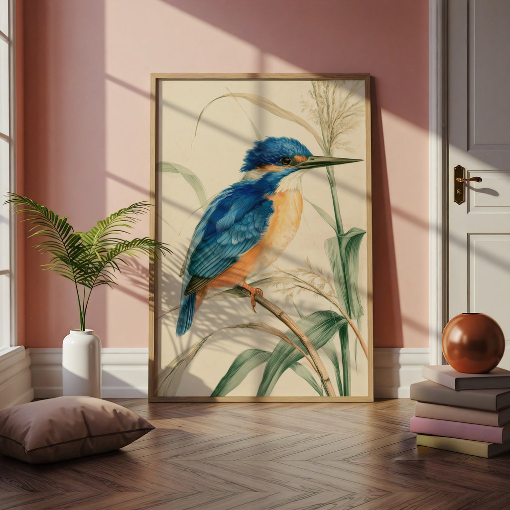 Kingfisher Bird Print, Botanical Illustration Poster, Vintage Nature Wall Art