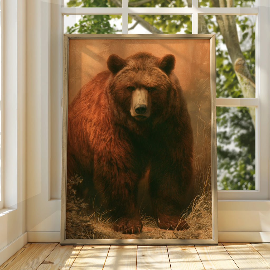 Brown Bear Wall Art Print, Grizzly Bear Poster, Vintage Wildlife Painting Style