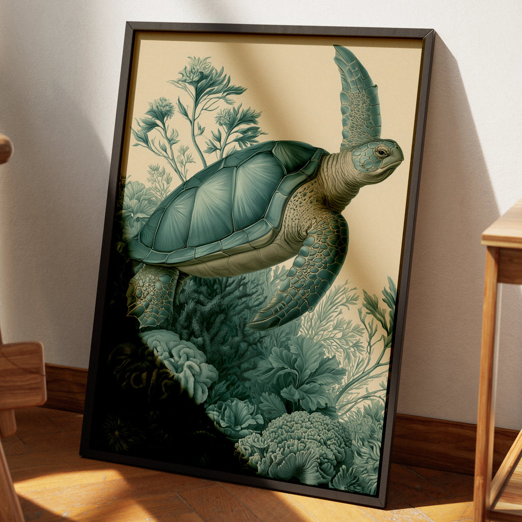 Sea Turtle Print, Botanical Ocean Wall Art, Vintage Illustration Poster, Teal