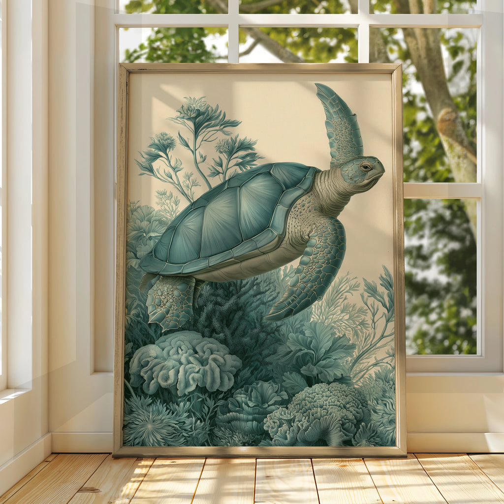 Sea Turtle Print, Botanical Ocean Wall Art, Vintage Illustration Poster, Teal
