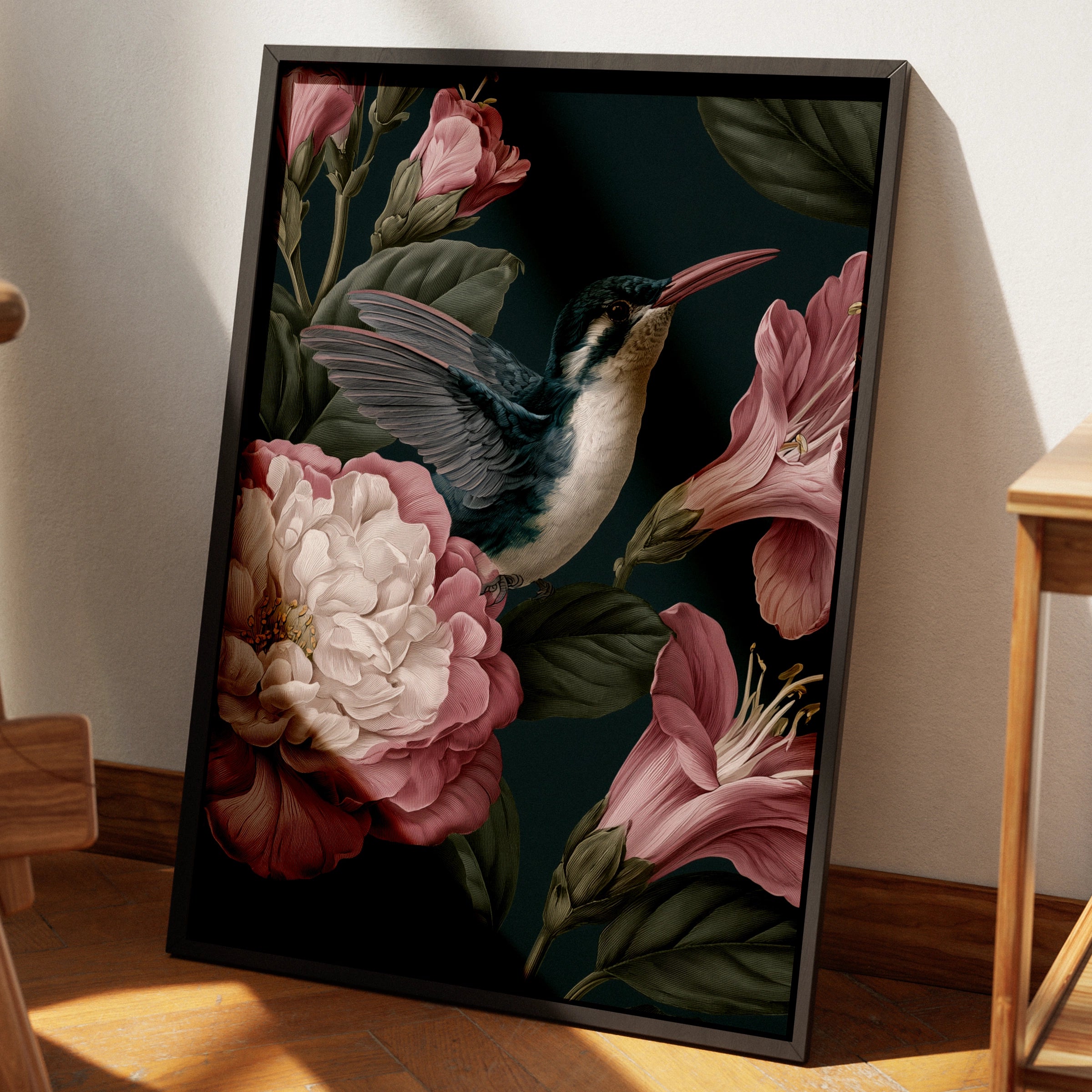 Hummingbird Botanical Print, Dark Floral Wall Art, Vintage Style Poster
