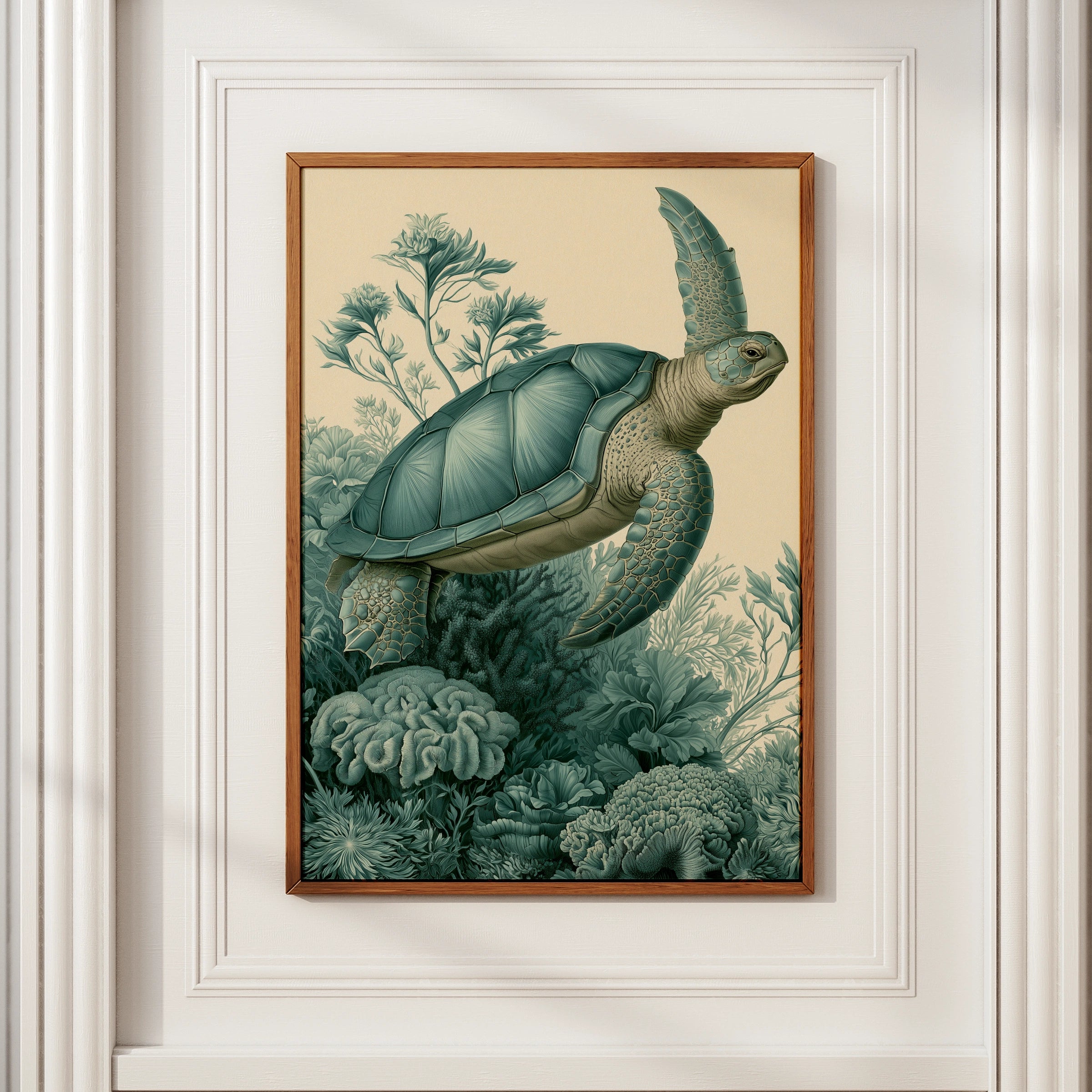 Sea Turtle Print, Botanical Ocean Wall Art, Vintage Illustration Poster, Teal