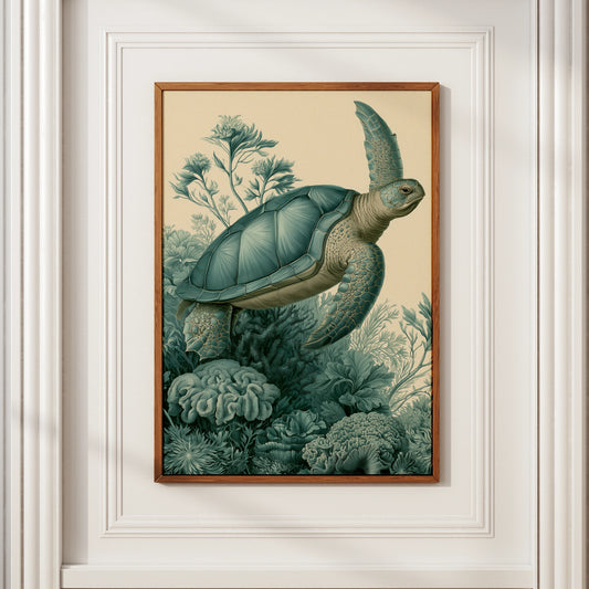 Sea Turtle Print, Botanical Ocean Wall Art, Vintage Illustration Poster, Teal
