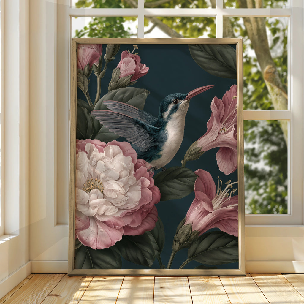 Hummingbird Botanical Print, Dark Floral Wall Art, Vintage Style Poster