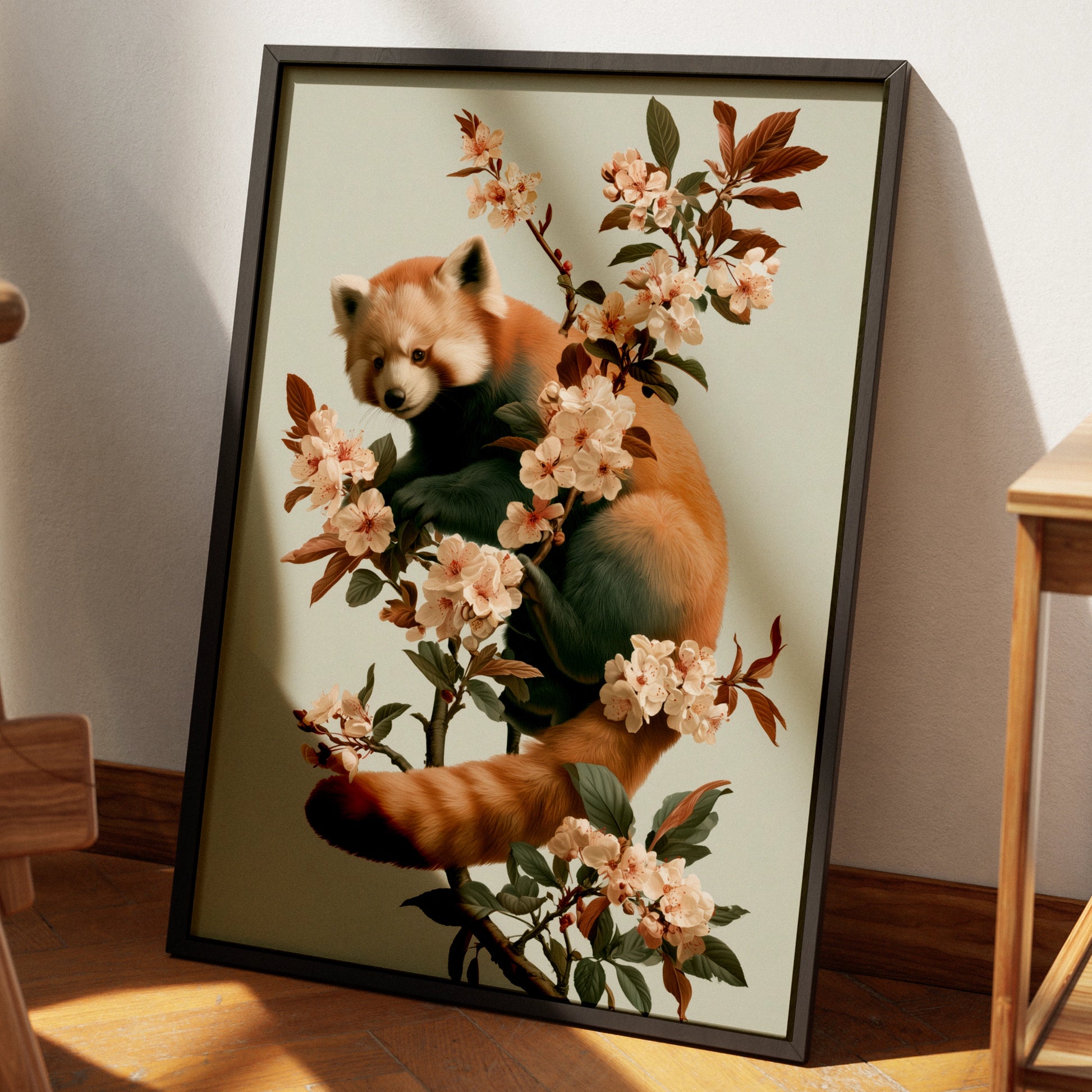 Red Panda Cherry Blossom Poster, Botanical Animal Wall Art, Nature Print