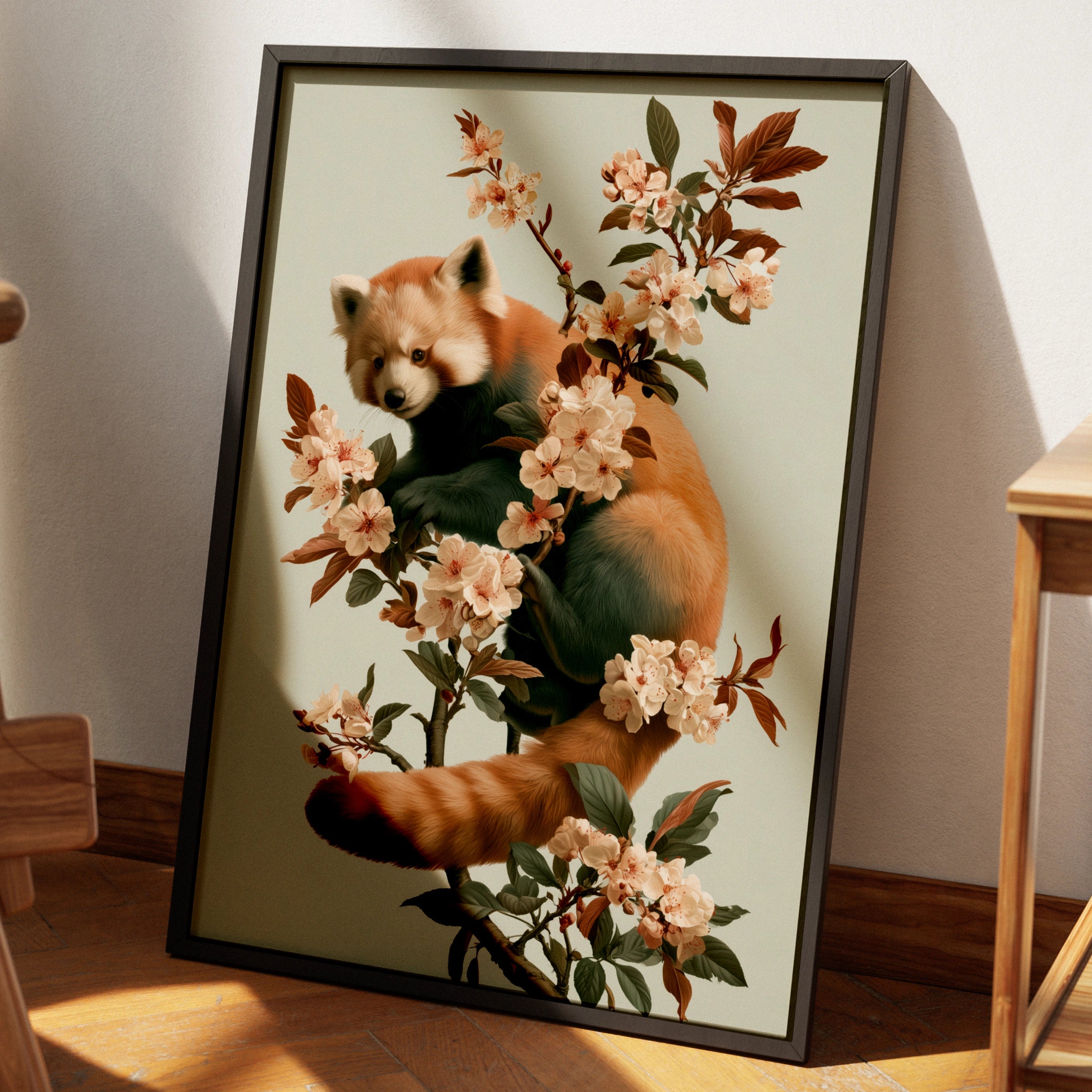 Red Panda Cherry Blossom Poster, Botanical Animal Wall Art, Nature Print