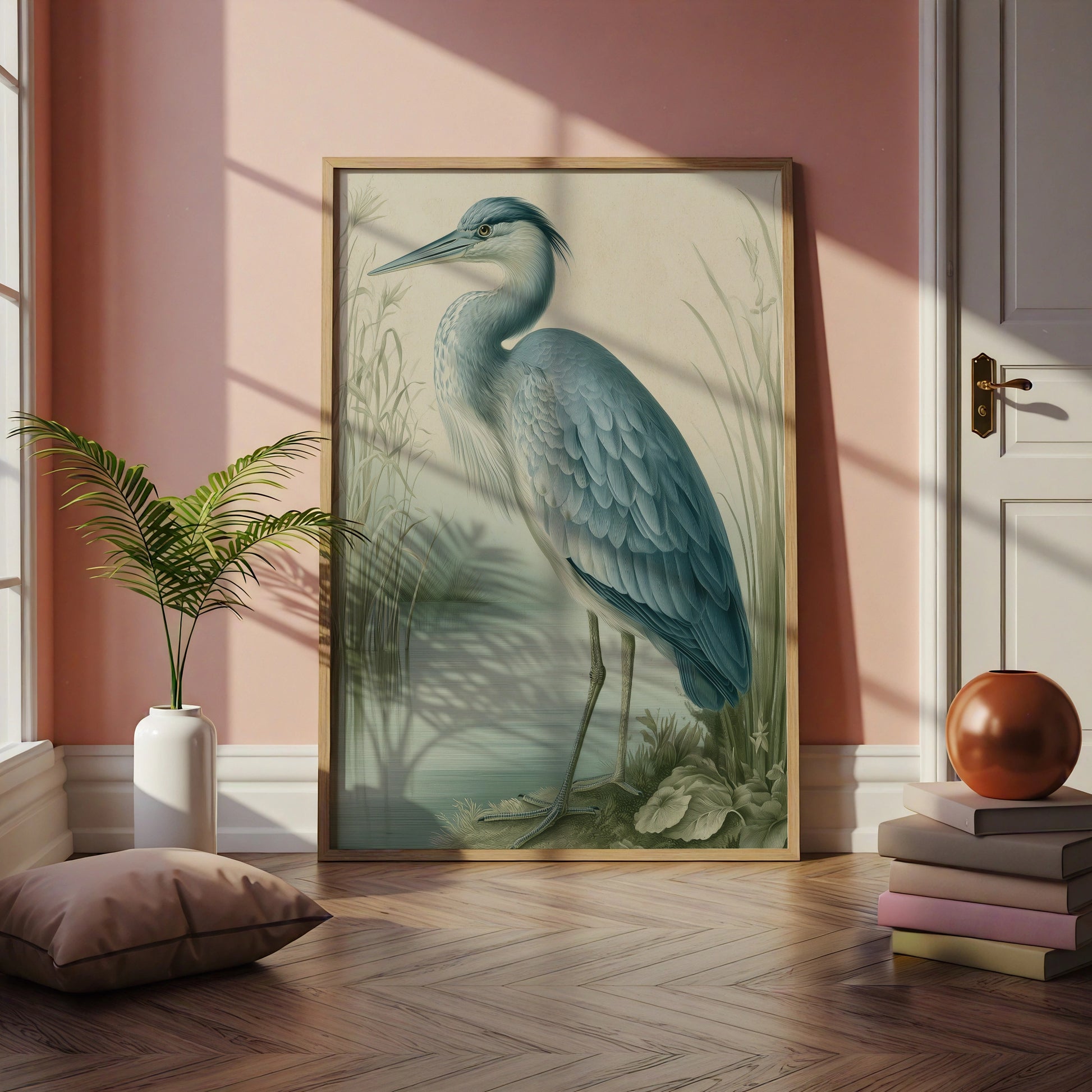 Heron Print, Botanical Illustration Poster, Blue Grey Bird Wall Art