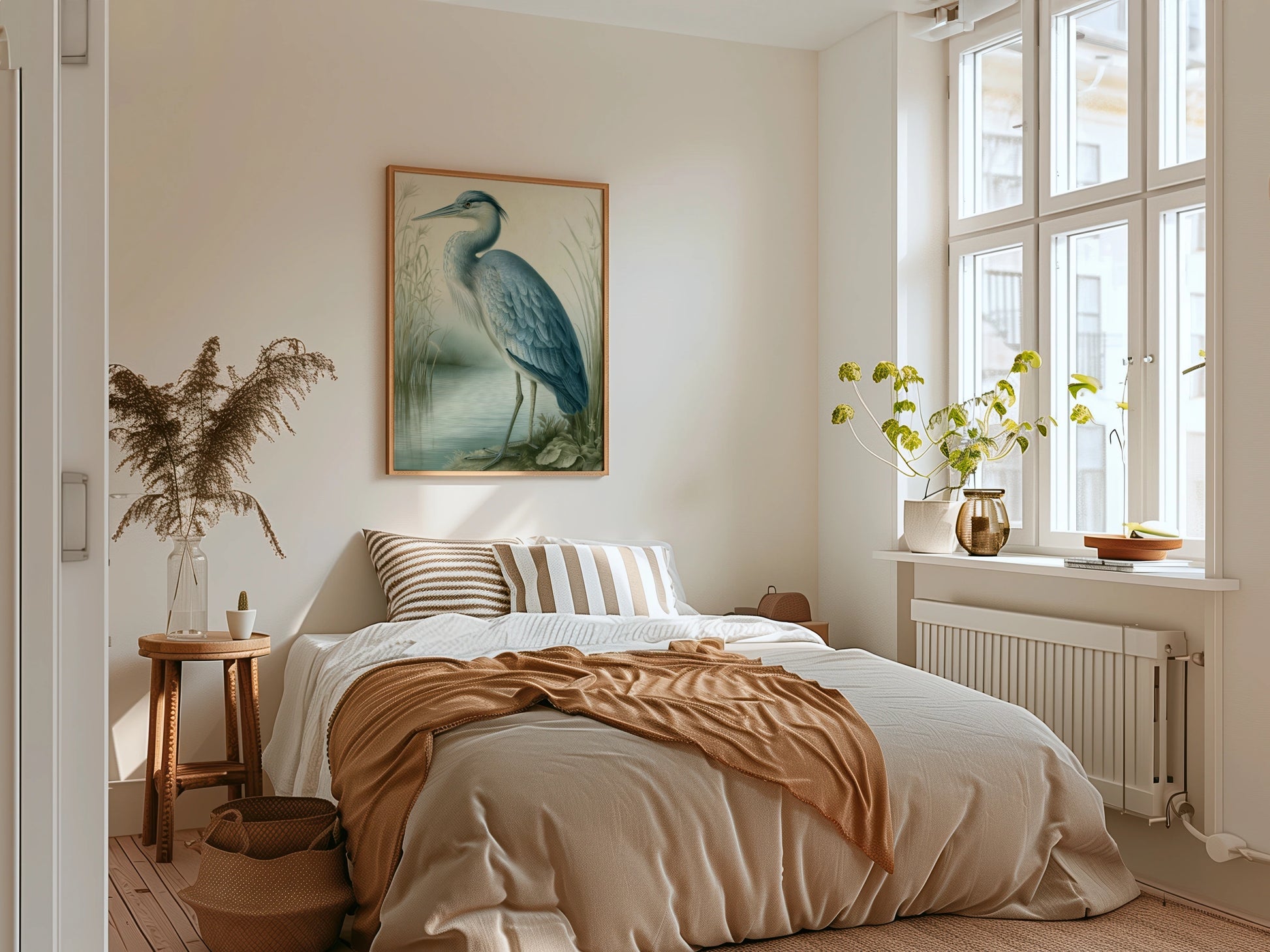 Heron Print, Botanical Illustration Poster, Blue Grey Bird Wall Art