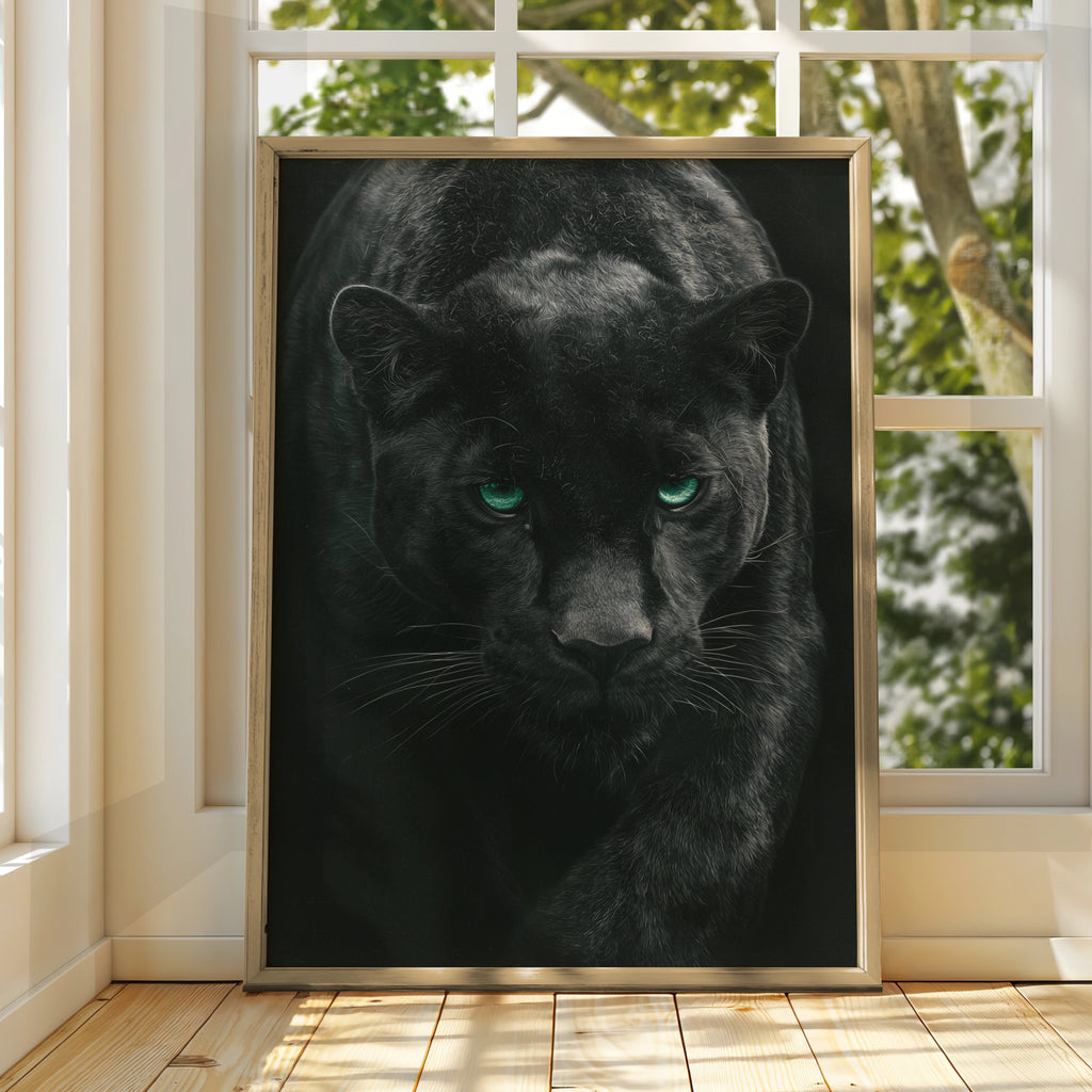 Black Panther Print, Green Eyes, Dark Wildlife Poster, Dramatic Animal Art