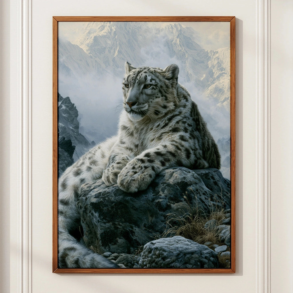 Snow Leopard Mountain Print, Wildlife Wall Art, Realistic Cat Poster