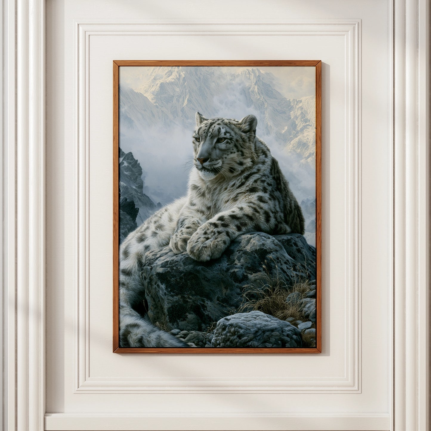 Snow Leopard Mountain Print, Wildlife Wall Art, Realistic Cat Poster