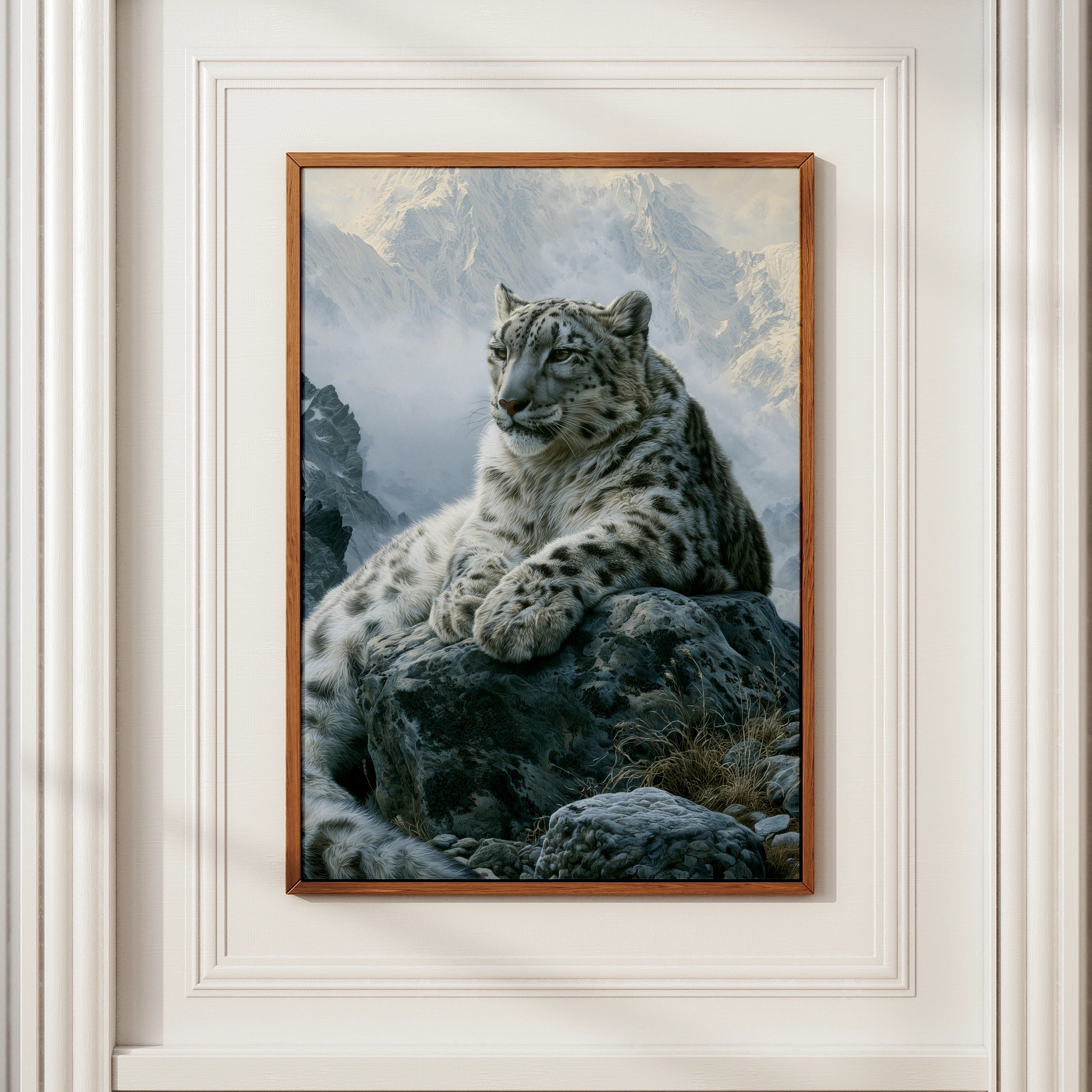 Snow Leopard Mountain Print, Wildlife Wall Art, Realistic Cat Poster
