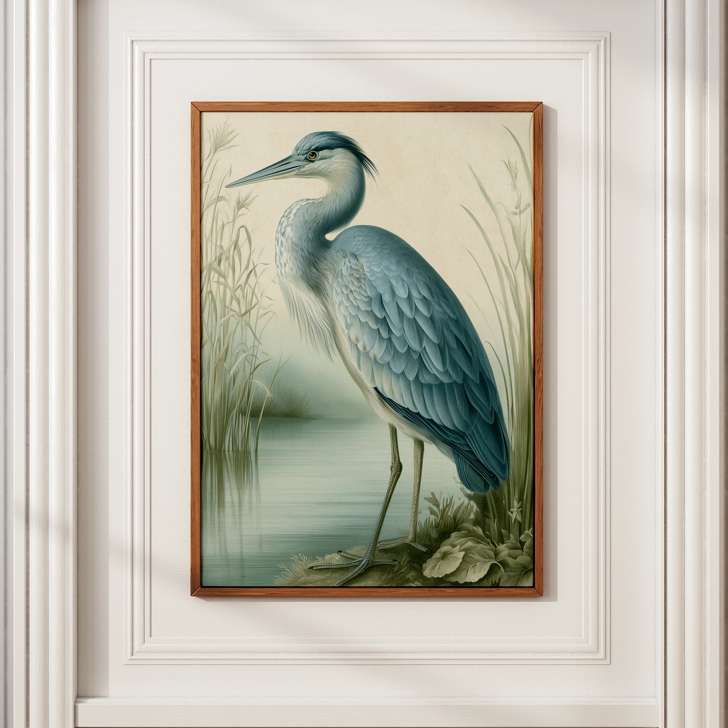 Heron Print, Botanical Illustration Poster, Blue Grey Bird Wall Art