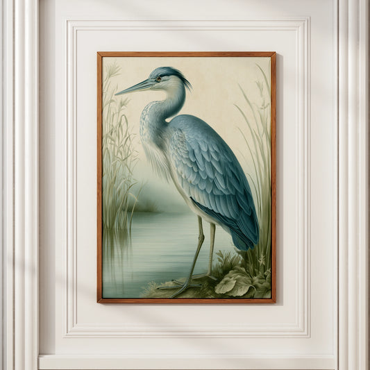 Heron Print, Botanical Illustration Poster, Blue Grey Bird Wall Art