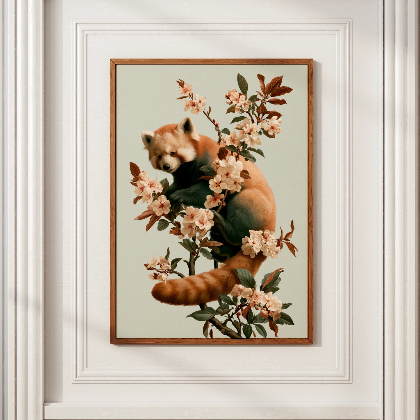 Red Panda Cherry Blossom Poster, Botanical Animal Wall Art, Nature Print
