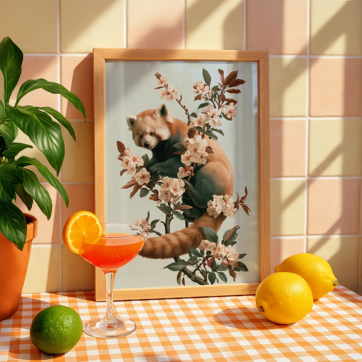 Red Panda Cherry Blossom Poster, Botanical Animal Wall Art, Nature Print