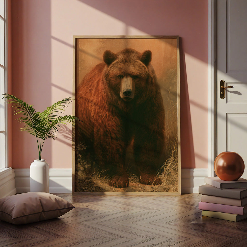 Brown Bear Wall Art Print, Grizzly Bear Poster, Vintage Wildlife Painting Style