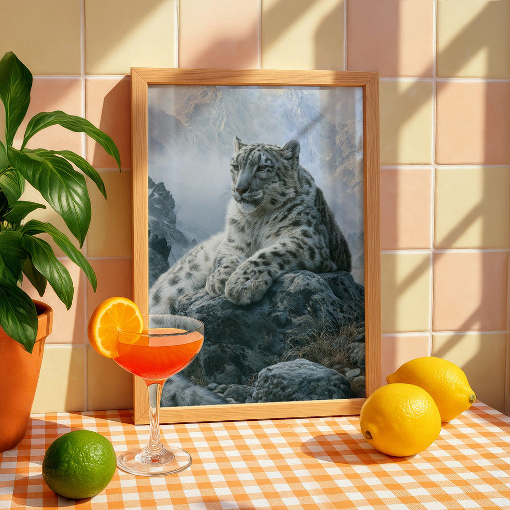 Snow Leopard Mountain Print, Wildlife Wall Art, Realistic Cat Poster