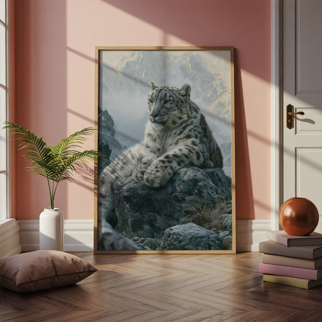 Snow Leopard Mountain Print, Wildlife Wall Art, Realistic Cat Poster