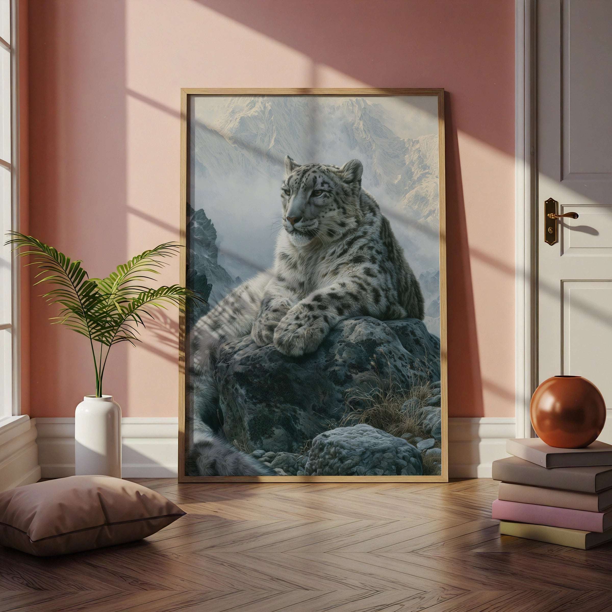 Snow Leopard Mountain Print, Wildlife Wall Art, Realistic Cat Poster