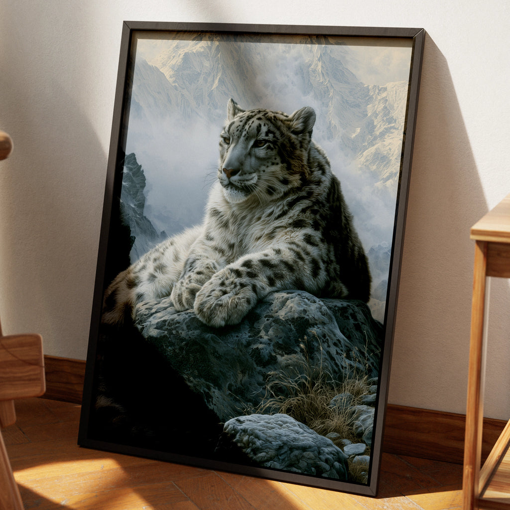 Snow Leopard Mountain Print, Wildlife Wall Art, Realistic Cat Poster