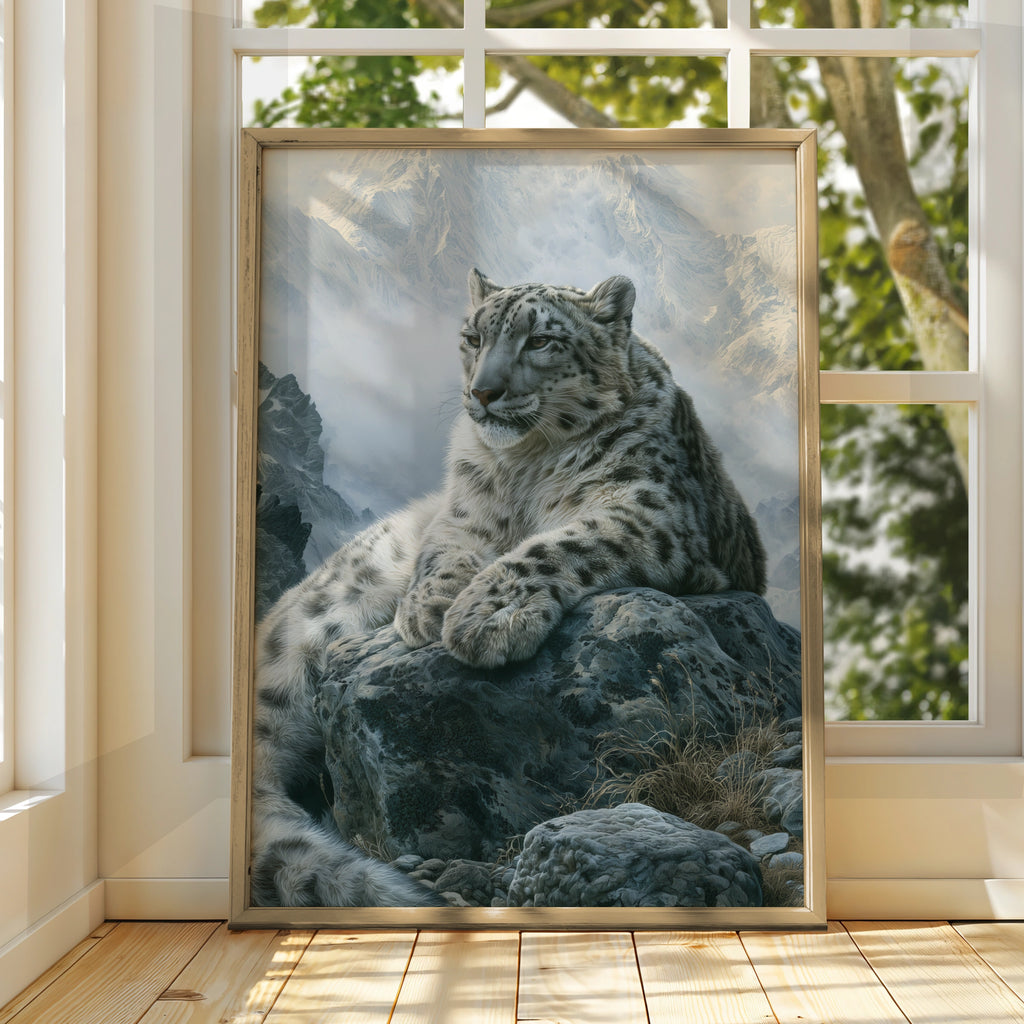 Snow Leopard Mountain Print, Wildlife Wall Art, Realistic Cat Poster
