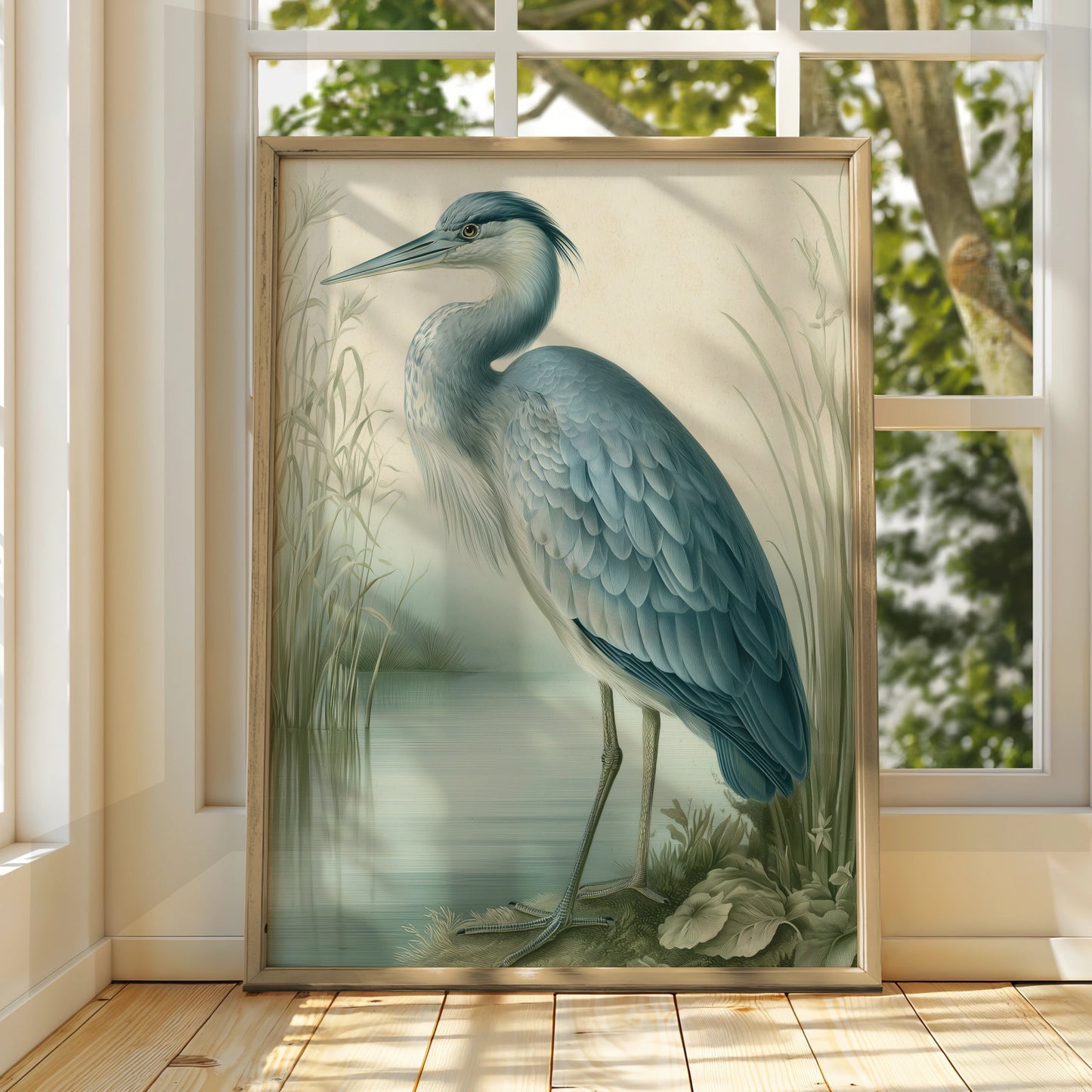 Heron Print, Botanical Illustration Poster, Blue Grey Bird Wall Art