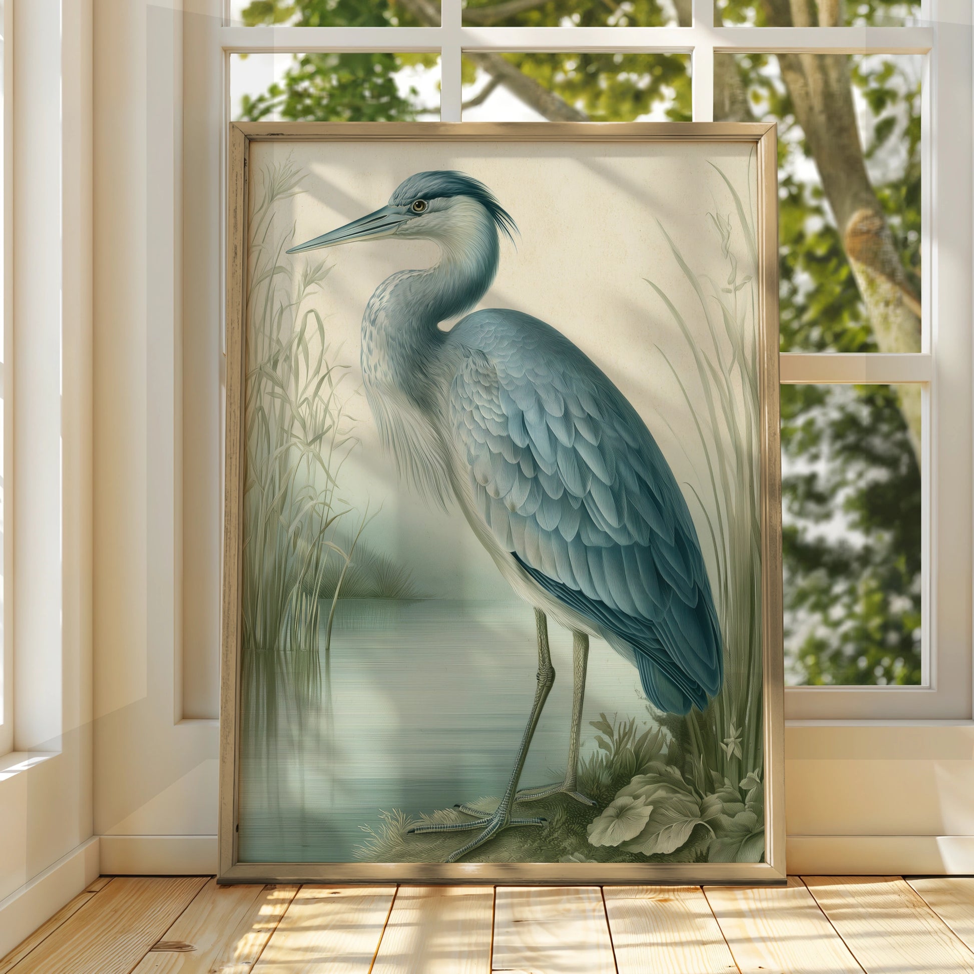 Heron Print, Botanical Illustration Poster, Blue Grey Bird Wall Art