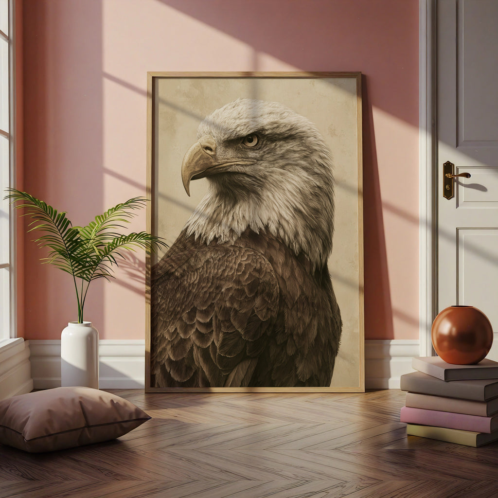 Bald Eagle Portrait Print, Vintage Sepia Wall Art, Raptor Illustration Poster
