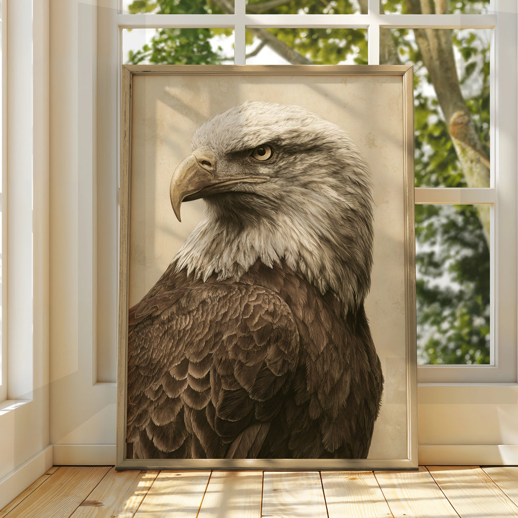 Bald Eagle Portrait Print, Vintage Sepia Wall Art, Raptor Illustration Poster