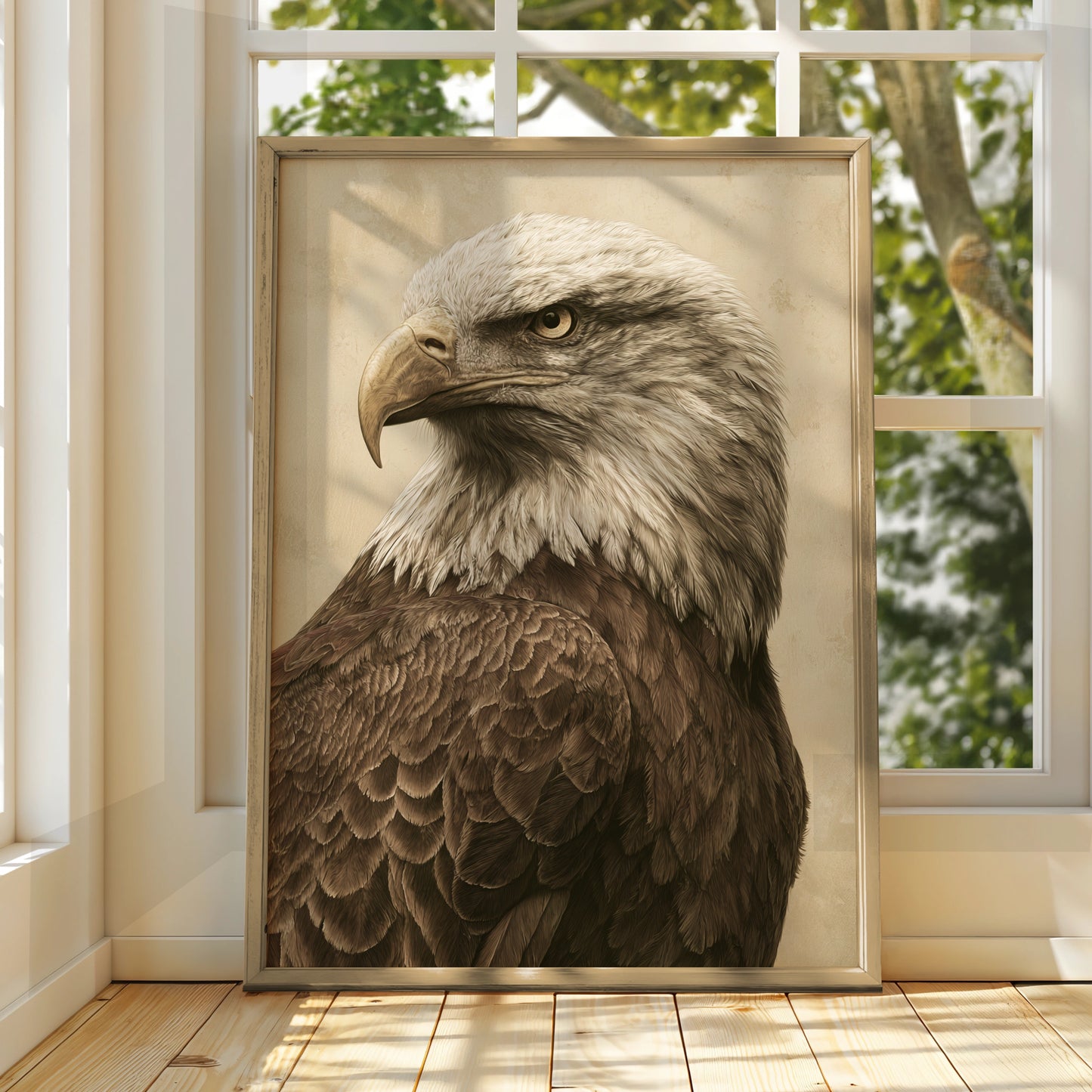 Bald Eagle Portrait Print, Vintage Sepia Wall Art, Raptor Illustration Poster