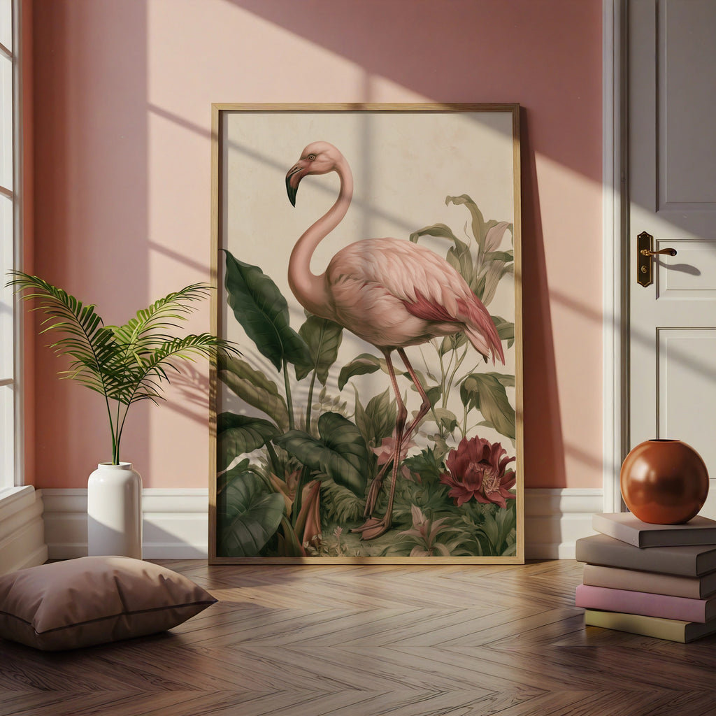 Flamingo Botanical Print, Tropical Bird Wall Art, Vintage Style Poster