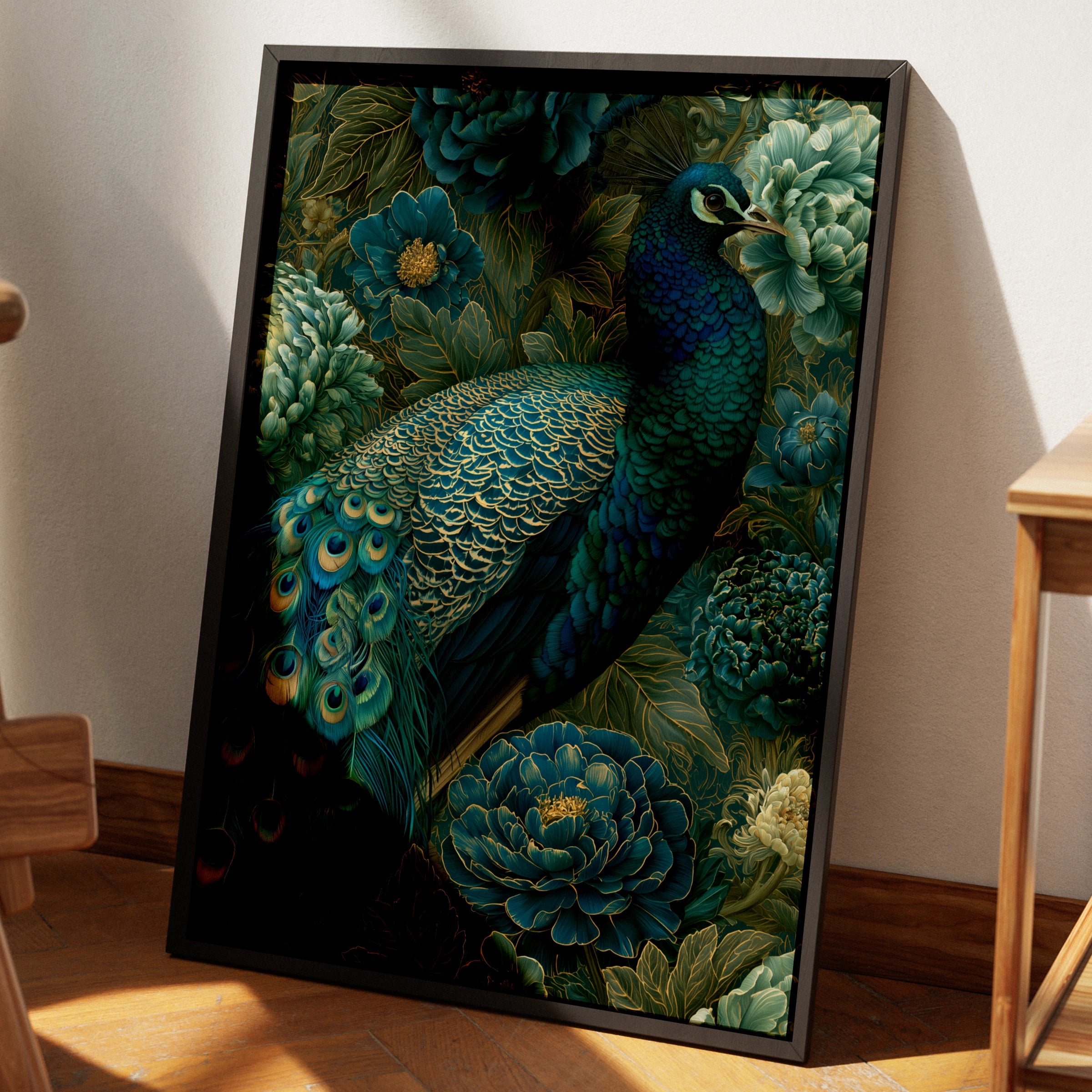 Peacock Wall Art Print, Teal Gold Floral Poster, Botanical Bird Illustration