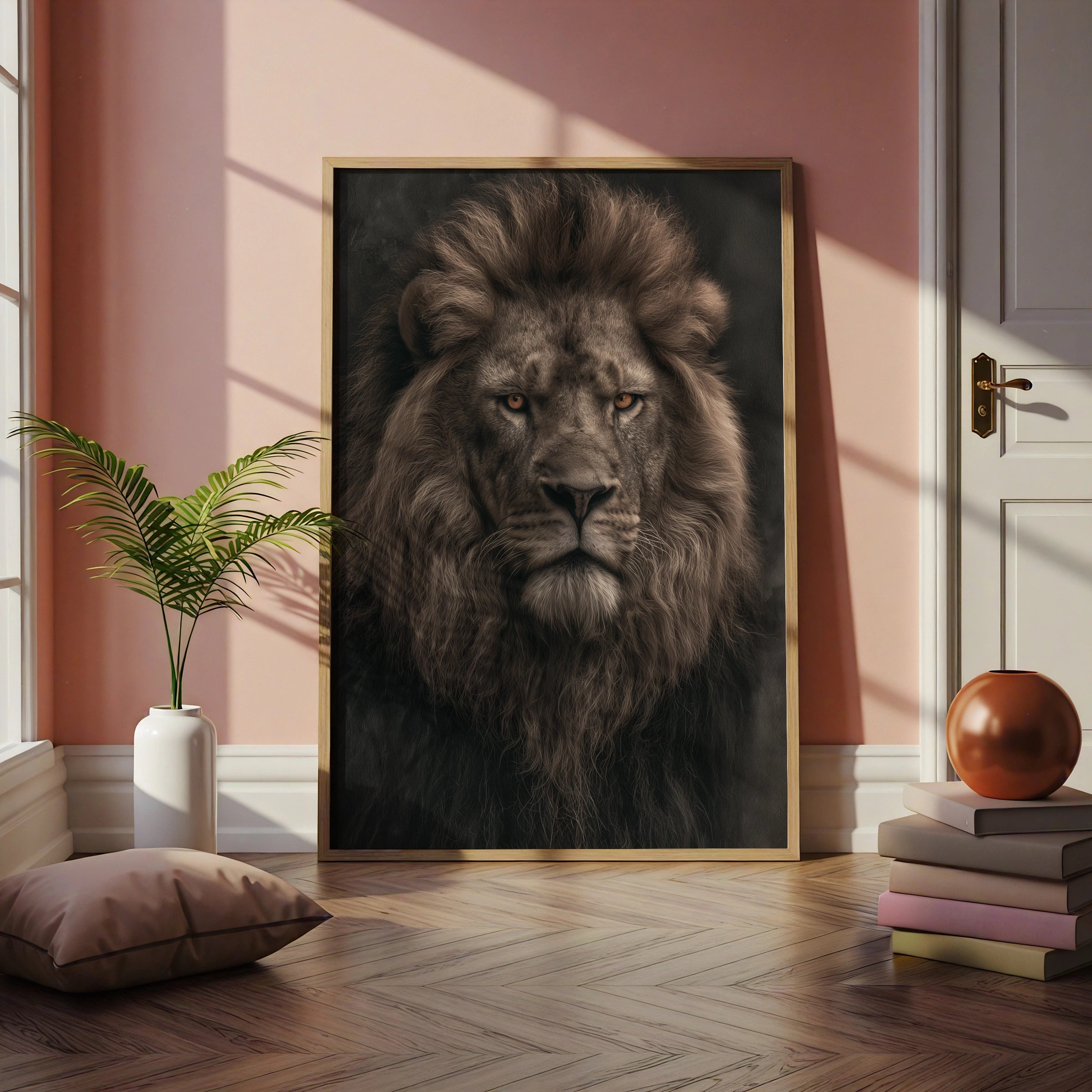 Lion Portrait Wall Art, Majestic Male Lion Poster, Dark Moody Wildlife Print
