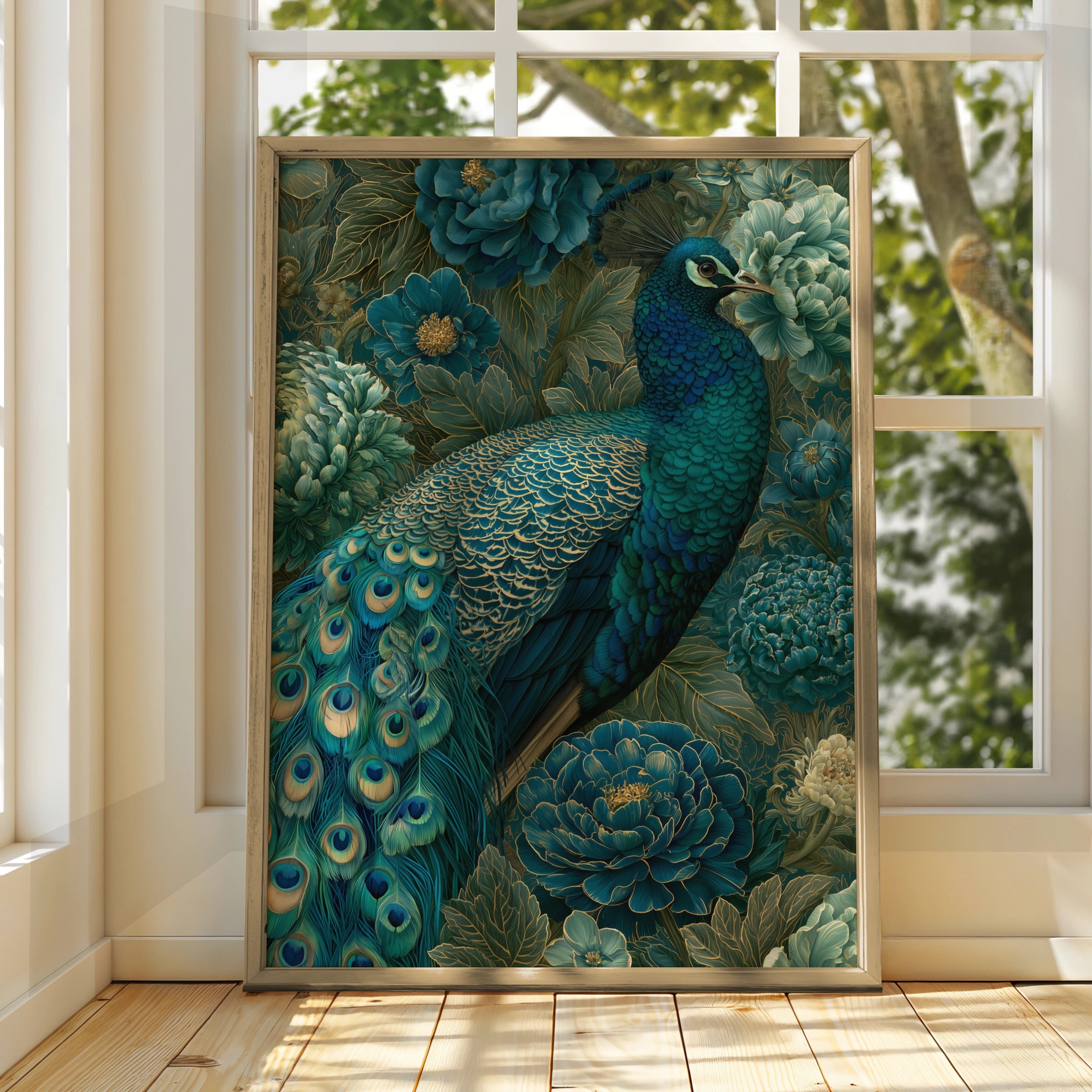 Peacock Wall Art Print, Teal Gold Floral Poster, Botanical Bird Illustration