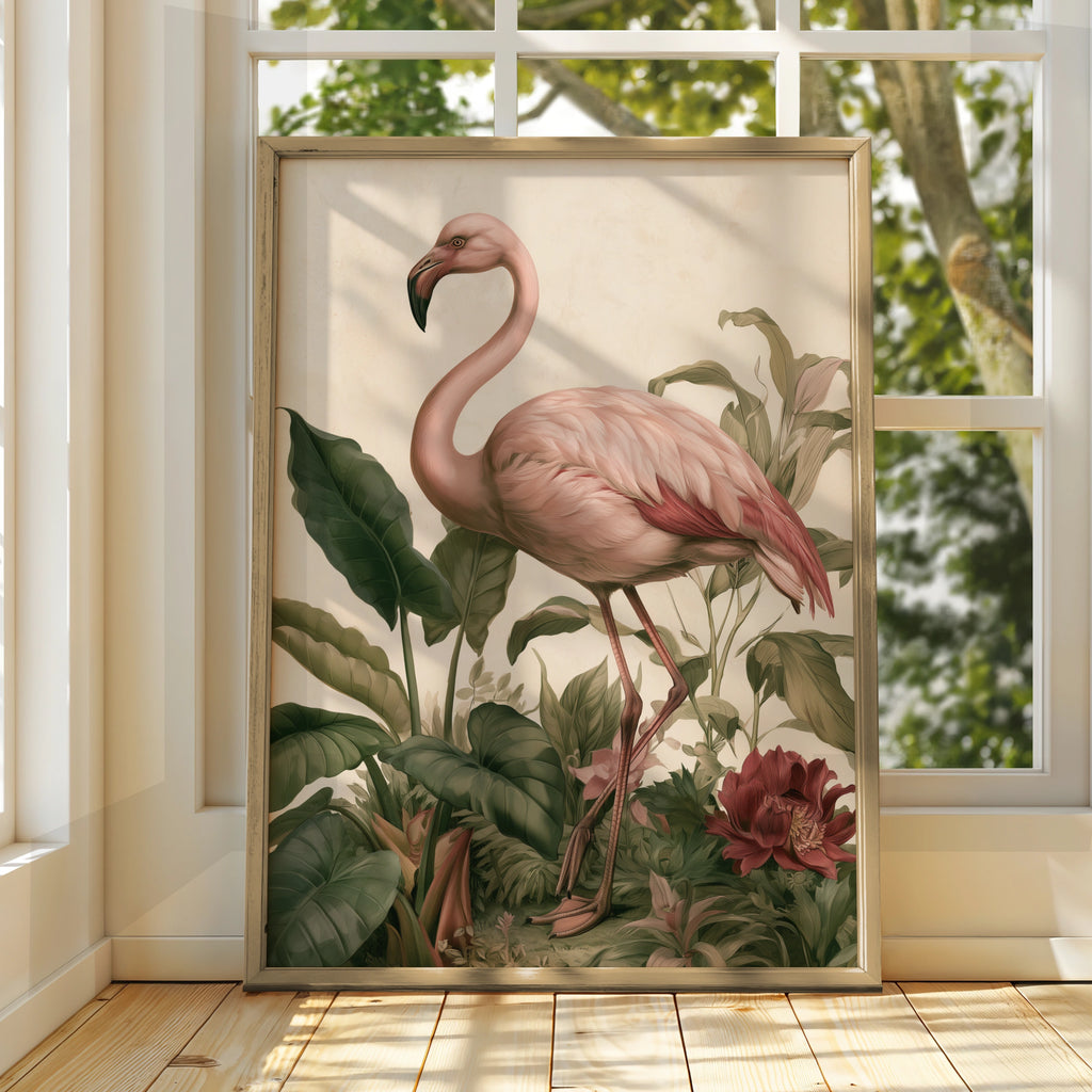 Flamingo Botanical Print, Tropical Bird Wall Art, Vintage Style Poster
