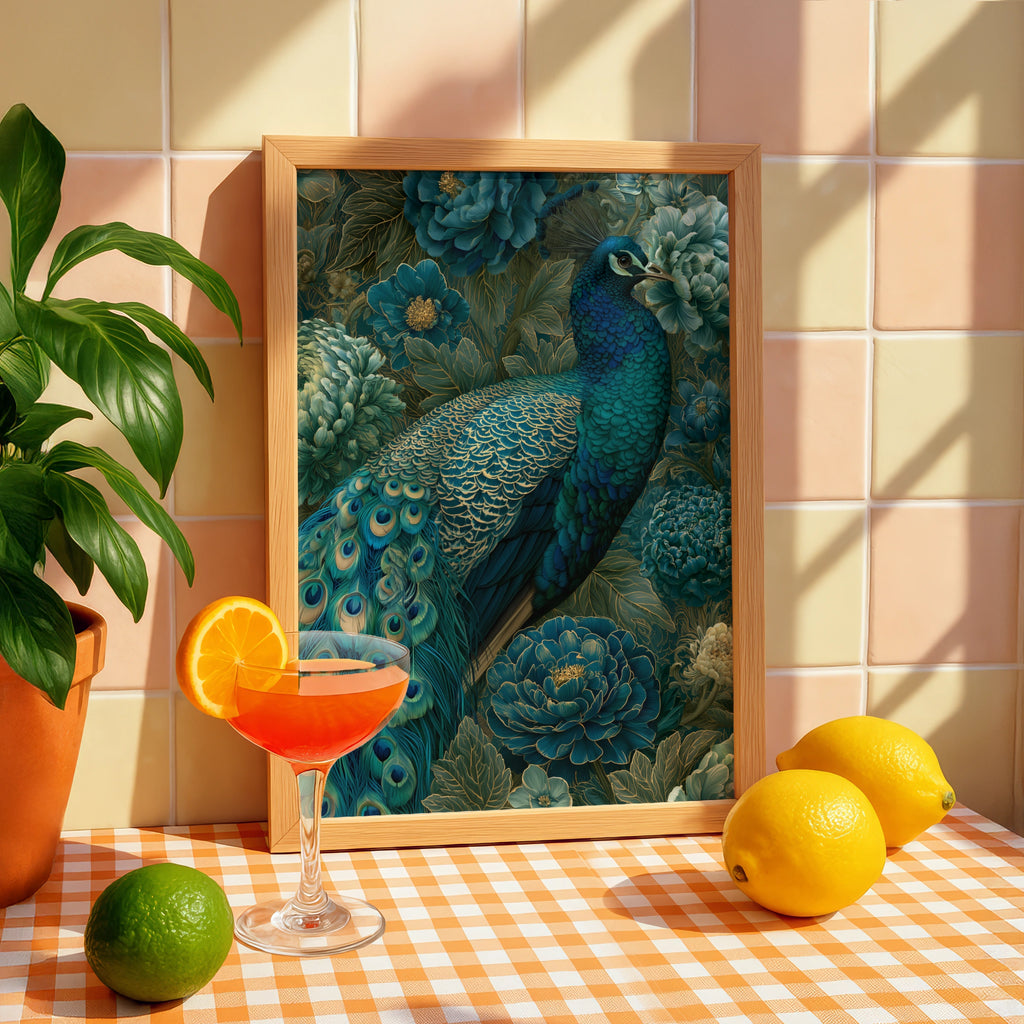 Peacock Wall Art Print, Teal Gold Floral Poster, Botanical Bird Illustration